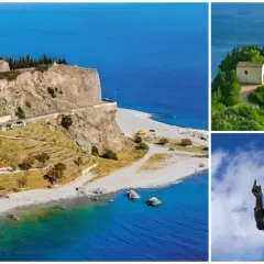 La rocca del capo domina il mare blu, con un piccolo santuario in cima e una statua della Madonna.