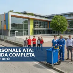 Personale ATA: guida completa per la scuola. Un team sorridente davanti a un edificio moderno.