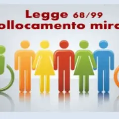 Legge 68/99: collocamento mirato per l'assunzione di categorie protette a scuola. Diverse figure stilizzate, alcune su sedia a rotelle.