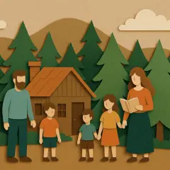 Famiglia in un bosco, con una casa e alberi. La madre legge un libro ai figli, un esempio di scuola parentale.
