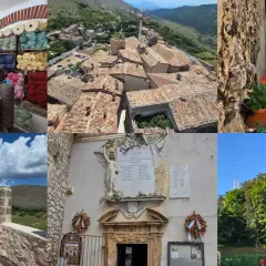 Viste di Santo Stefano di Sessanio: bottega di filati, tetti del borgo, vicoli fioriti, mura antiche e un castello in collina.