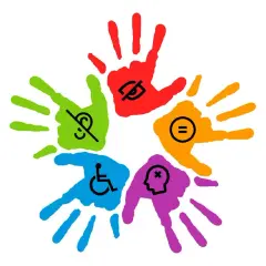 Mani colorate con simboli di disabilità e uguaglianza, rappresentano barriere e facilitatori del contesto scolastico.