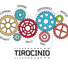 Ingranaggi colorati illustrano il percorso di un tirocinio indiretto: sviluppo personale, formazione, esperienze, mentore, pratica, obiettivi e competenze.