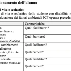 Tabella per l'analisi dei fattori ambientali ICF: prodotti, ambiente, relazioni. Utile per creare un pei fac simile.