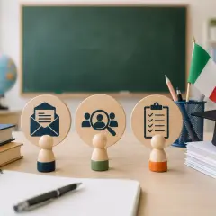 Tre sagome di legno con icone (lettera, lente d'ingrandimento su persone, lista) su una scrivania, con lavagna, bandiera italiana e cappello da laureato sullo sfondo. Il **mad personale ata** è pronto per il reclutamento.