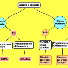 Schema per il diploma o attestato: scuola media e superiore, con percorsi PDP/PEI per la secondaria secondo grado, esoneri e programmazioni differenziate.
