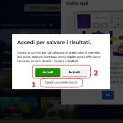 Finestra di dialogo Kahoot per salvare i risultati. Per iniziare a giocare, scegli "Accedi", "Iscriviti" o "Continua come ospite".