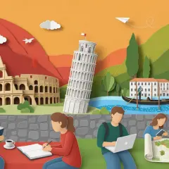Studenti studiano e sognano l'erasmus in Italia, tra monumenti iconici e paesaggi da cartolina.