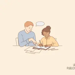 Un uomo indica un libro mentre una ragazza scrive, forse chi redige il PEI.