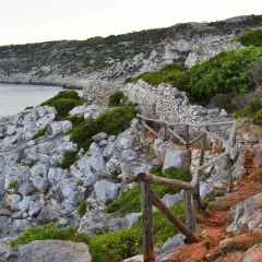 Sentiero roccioso con muretto a secco e vegetazione mediterranea, vicino alle grotte cipolliane.