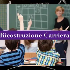 Aula con bambini che alzano la mano, insegnante sorridente. Testo: Ricostruzione Carriera Docenti.