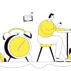 Studente concentrato al computer, con sveglia e libro. La buona scuola richiede impegno e tempo.