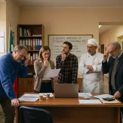 Gruppo di persone discute su un foglio, con una lavagna che chiede: "A quanto ammonta lo stipendio del personale ATA?". Sembra una riunione per definire le retribuzioni.