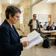 Docente esamina documenti, forse legati alle immissioni in ruolo, mentre in classe un collega spiega la lezione agli studenti.