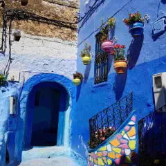 Un vicolo nella città azzurra del Marocco, con case blu, vasi di fiori colorati e una scala decorata.