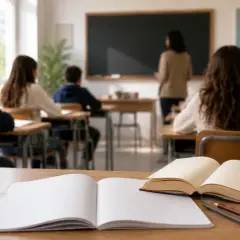 Aula di latino alle medie. Studenti ascoltano la lezione, con un busto classico e libri sul banco.
