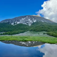 Riflesso di un monte innevato e boschi verdi in uno specchio d'acqua nel Parco Nazionale del Pollino.