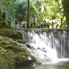 Cascata nella Valle delle Ferriere ad Amalfi, con un gruppo di escursionisti che osserva il panorama.