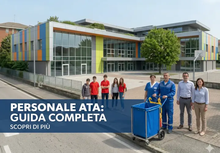 Personale ATA: guida completa per la scuola. Un team sorridente davanti a un edificio moderno.