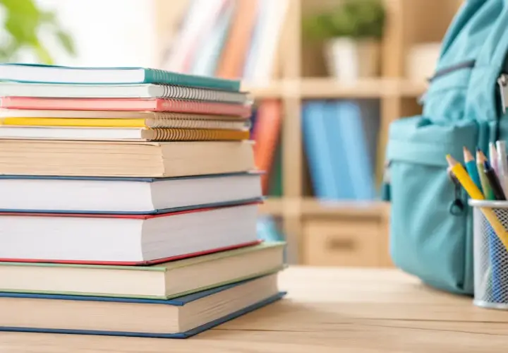 Pila di libri colorati, zaino azzurro e astuccio con matite. Un'immagine che evoca la voglia di studiare e la possibilità di un bonus libri ISEE.