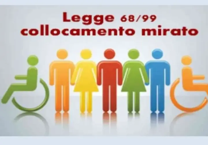 Legge 68/99: collocamento mirato per l'assunzione di categorie protette a scuola. Diverse figure stilizzate, alcune su sedia a rotelle.