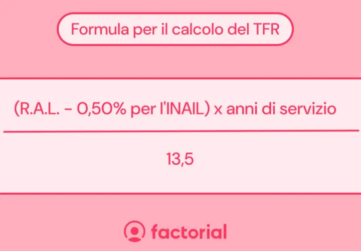 Formula per calcolare il TFR per supplenze brevi: (RAL - 0,50% INAIL) x anni di servizio = 13,5.