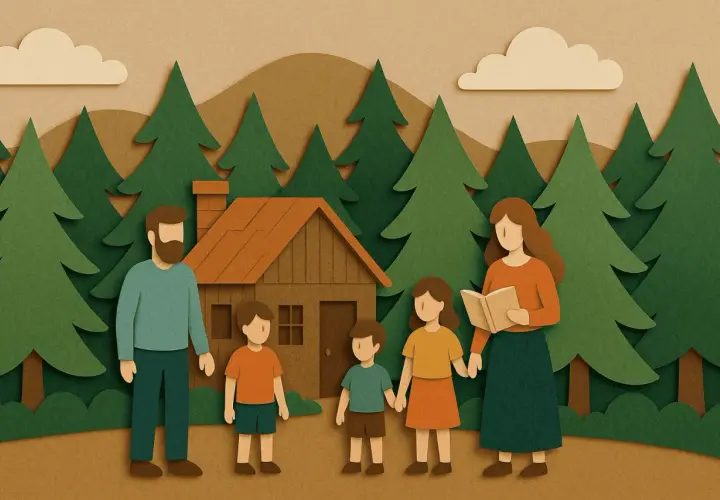 Famiglia in un bosco, con una casa e alberi. La madre legge un libro ai figli, un esempio di scuola parentale.