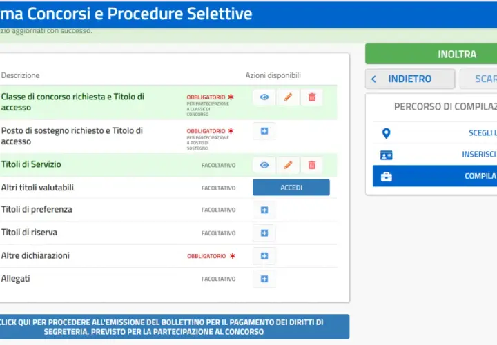 Piattaforma per procedure selettive e concorsi: sezione "Titoli di Servizio" completata.