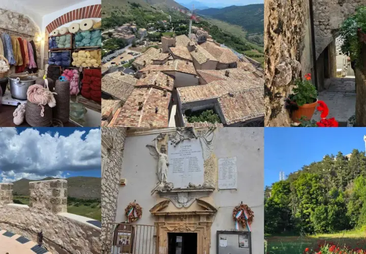 Viste di Santo Stefano di Sessanio: bottega di filati, tetti del borgo, vicoli fioriti, mura antiche e un castello in collina.