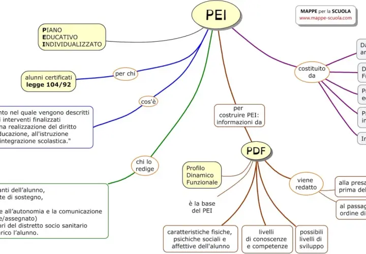 Mappa concettuale sul PEI: Piano Educativo Individualizzato. Un esempio compilato di Profilo Dinamico Funzionale è alla base del PEI.
