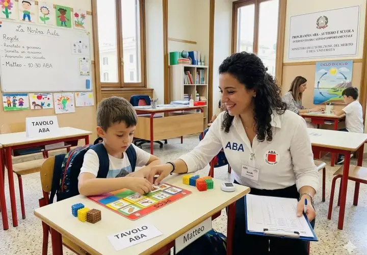 Bambino con insegnante ABA in aula, concentrati sull'apprendimento. Il loro stipendio di agosto docenti è meritato.