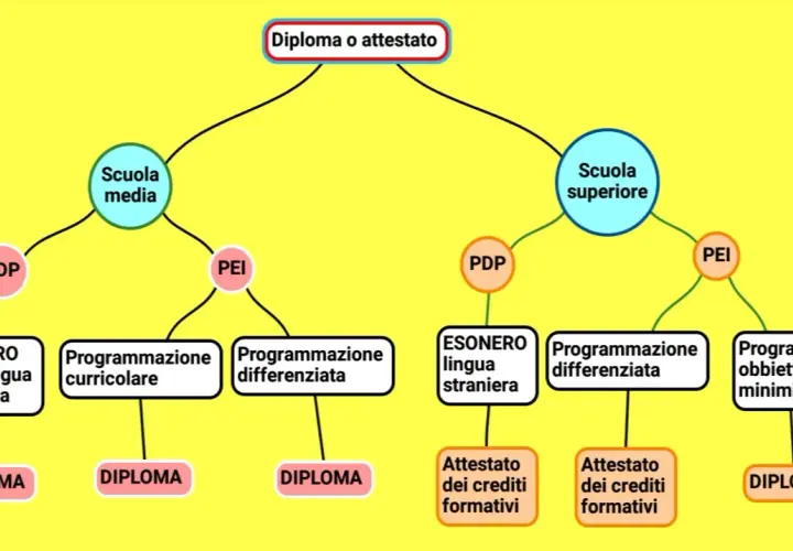 Schema per il diploma o attestato: scuola media e superiore, con percorsi PDP/PEI per la secondaria secondo grado, esoneri e programmazioni differenziate.