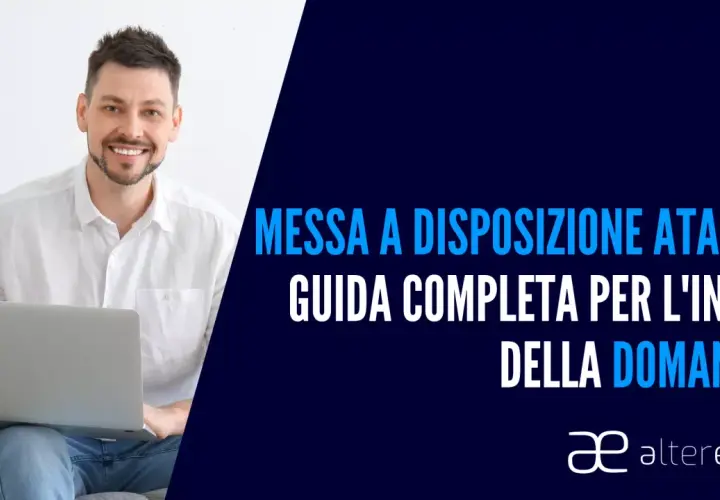 Uomo sorridente con laptop, testo "Messa a disposizione ATA: la guida completa per l'invio della domanda".