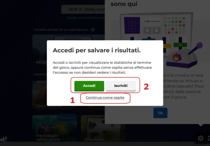 Finestra di dialogo Kahoot per salvare i risultati. Per iniziare a giocare, scegli "Accedi", "Iscriviti" o "Continua come ospite".