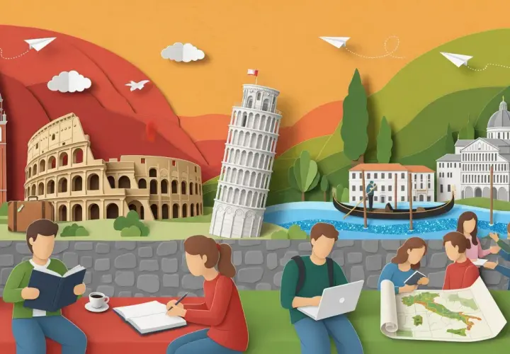 Studenti studiano e sognano l'erasmus in Italia, tra monumenti iconici e paesaggi da cartolina.