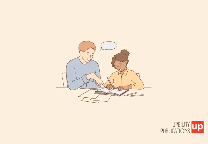 Un uomo indica un libro mentre una ragazza scrive, forse chi redige il PEI.