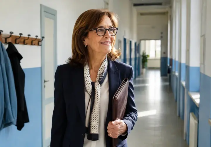 Dirigente scolastica con cartella in corridoio, un volto sorridente che guarda al futuro, forse parte dell'elenco nuovi dirigenti scolastici.