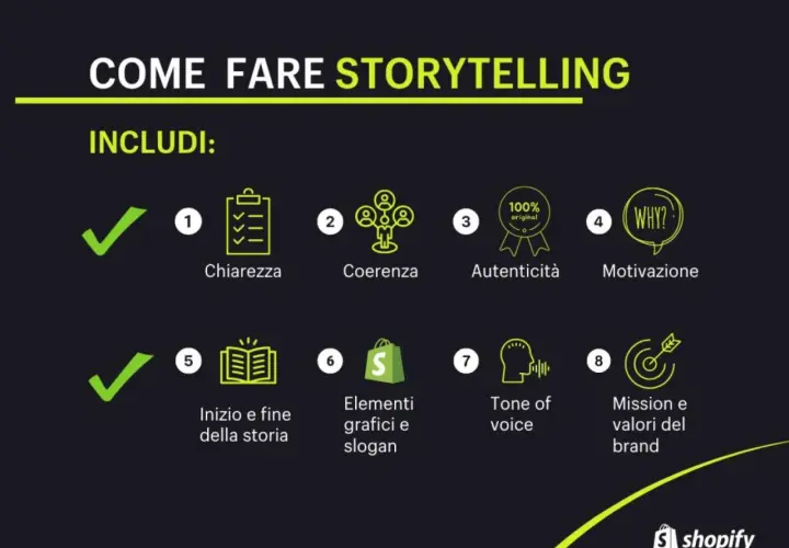 Guida alla storytelling per la scuola: chiarezza, coerenza, autenticità, motivazione, inizio/fine storia, elementi grafici, tone of voice e valori del brand.