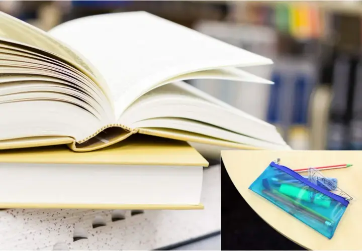 Libri aperti e una bustina trasparente con matite e righello, un vero bonus libri per lo studio.