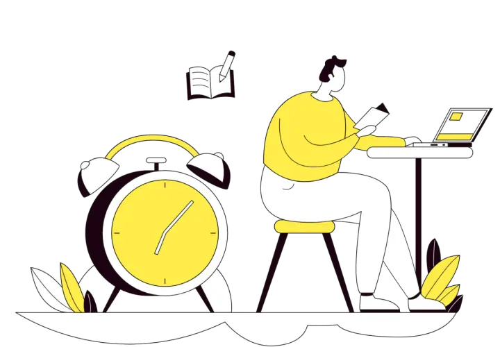 Studente concentrato al computer, con sveglia e libro. La buona scuola richiede impegno e tempo.