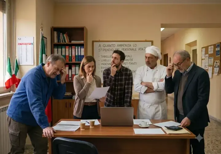 Gruppo di persone discute su un foglio, con una lavagna che chiede: "A quanto ammonta lo stipendio del personale ATA?". Sembra una riunione per definire le retribuzioni.