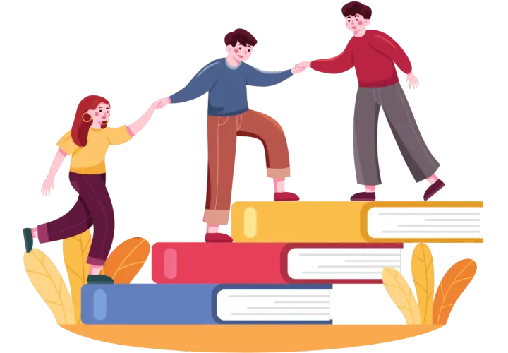 Persone si aiutano a salire su una pila di libri, simboleggiando il sostegno nella scuola.