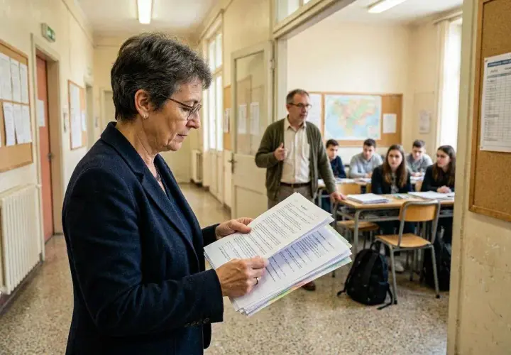 Docente esamina documenti, forse legati alle immissioni in ruolo, mentre in classe un collega spiega la lezione agli studenti.