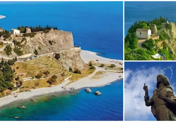 Scogliera a picco sul mare blu, con un santuario in cima e una statua della Madonna. Un luogo incantevole vicino a Bova Marina.