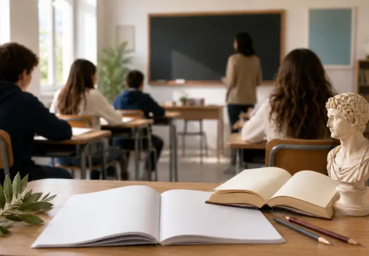 Aula di latino alle medie. Studenti ascoltano la lezione, con un busto classico e libri sul banco.