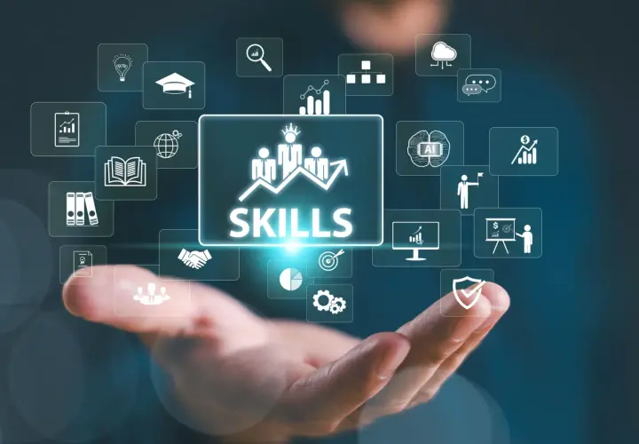 Un attestato di alfabetizzazione digitale che simboleggia il successo e la crescita professionale, con icone che rappresentano apprendimento, dati e tecnologia.