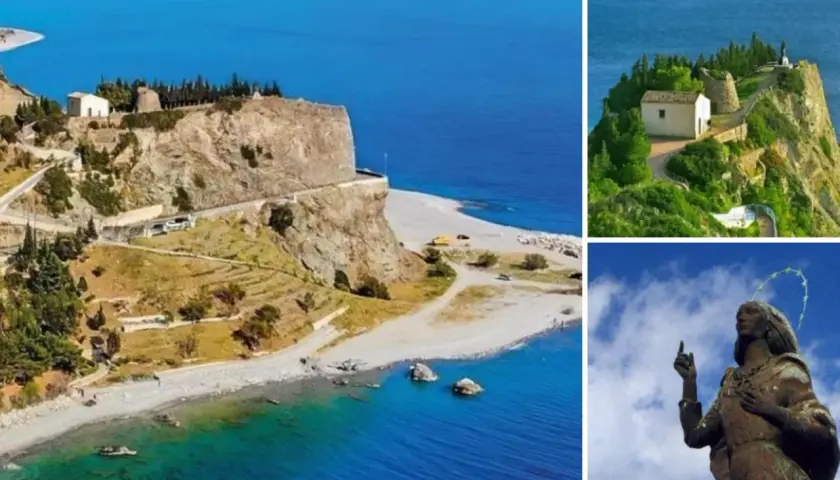 La rocca del capo domina il mare blu, con un piccolo santuario in cima e una statua della Madonna.