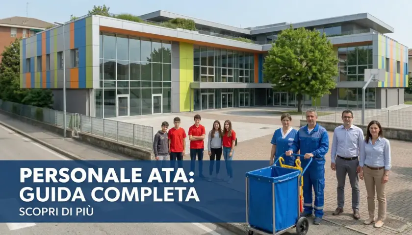 Personale ATA: guida completa per la scuola. Un team sorridente davanti a un edificio moderno.