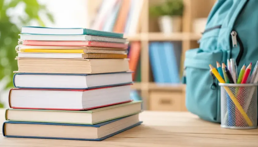 Pila di libri colorati, zaino azzurro e astuccio con matite. Un'immagine che evoca la voglia di studiare e la possibilità di un bonus libri ISEE.
