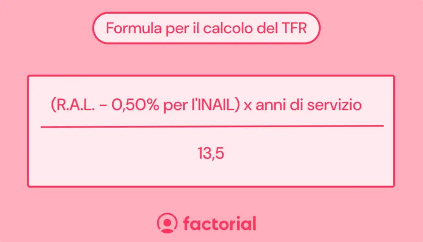 Formula per calcolare il TFR per supplenze brevi: (RAL - 0,50% INAIL) x anni di servizio = 13,5.